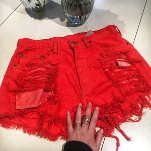 Furst of a Kind Coral Distressed Denim Short